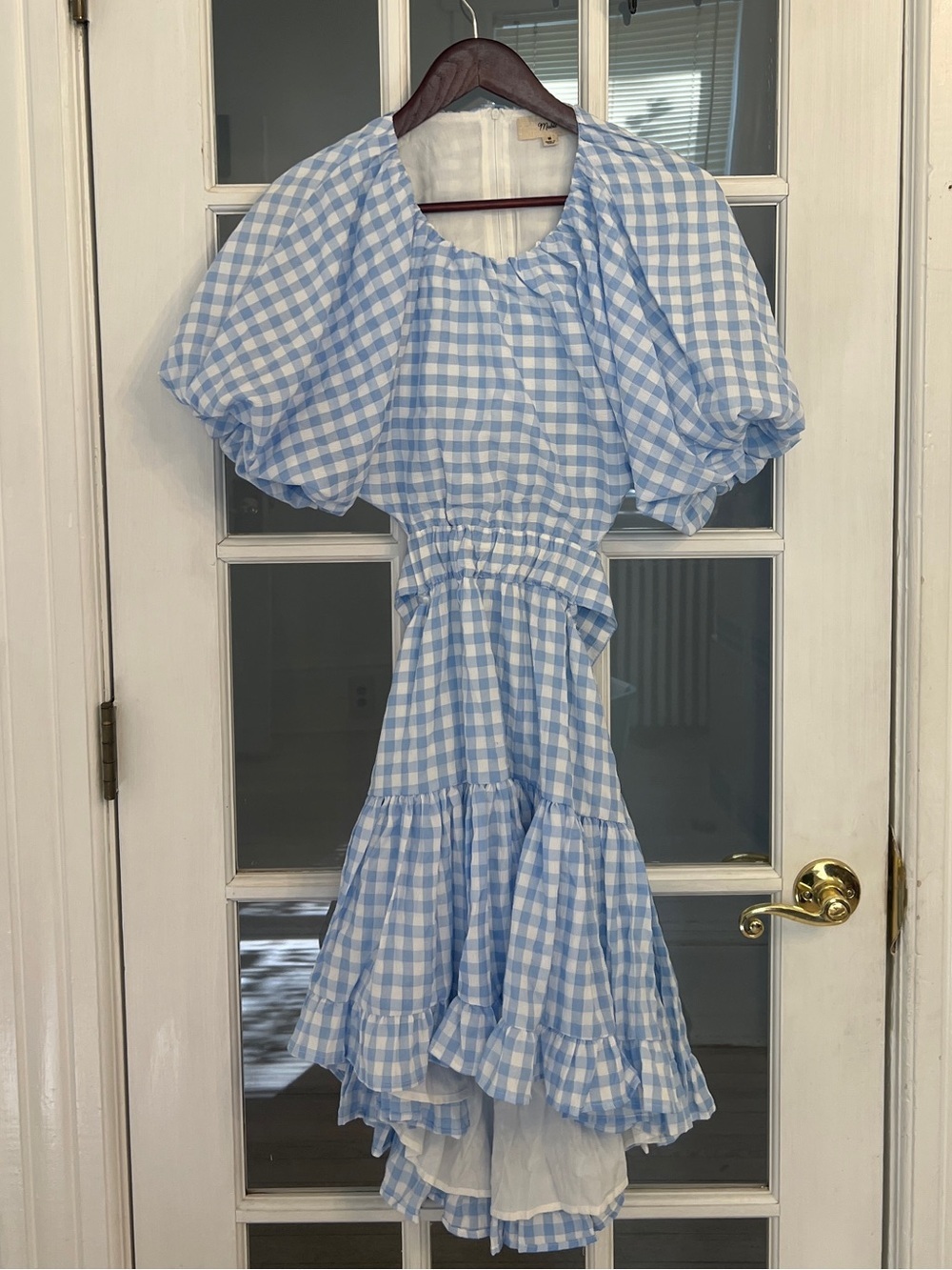 MABLE Women’s Light Blue Gingham Puff Sleeve Ruffle Hem Open Back Dress Size M
